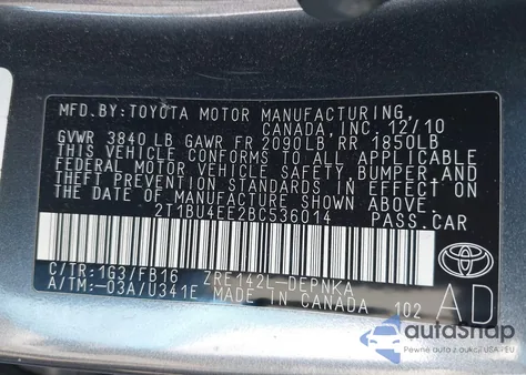 2011 Toyota Corolla Le z USA, uszkodzony, nr VIN 2T1BU4EE2BC536014